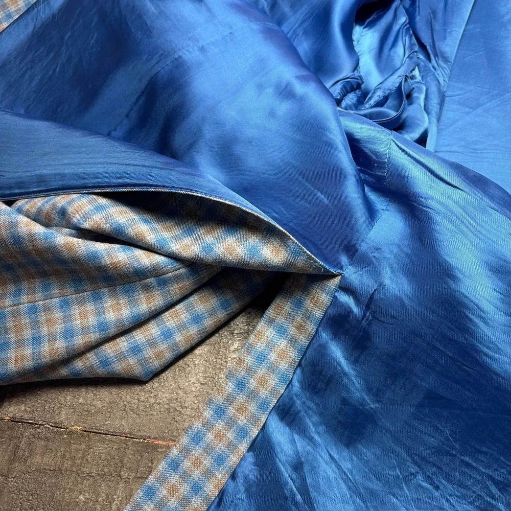 Bespoke Holland & Sherry Tom James Check Wool Sport‎ Coat Tailored Fit Blue 46L